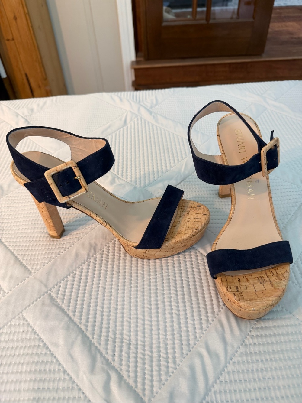 Stuart Weitzman Alesha Navy Suede Strap Cork Platform Sandals Size 9 Nearly New - Picture 2 of 13